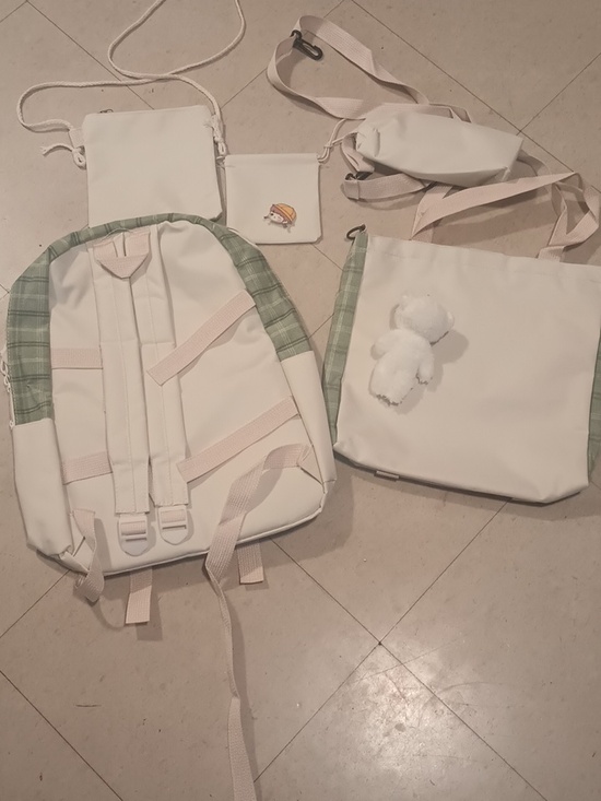 Green Plaid Backpack & Tote Set - Fashion Patch Teddy Bear Keychain Accessories - Picture 8 of 8